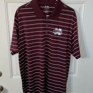 Maroon and white striped gold shirt